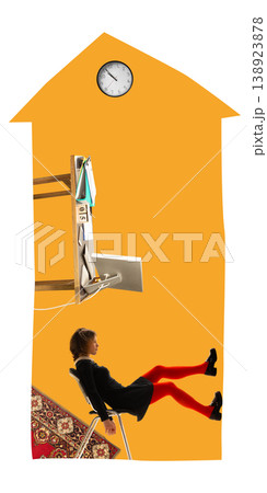Woman sitting in abstract house interior with remote work setup and clock. Woman sitting in abstract house interior with remote work setup and clock. 138923878