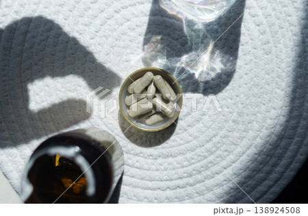 Close-up of iron supplement capsules in a lid for iron deficiency anemia treatment. Health care, wellness, and dietary supplements for daily vitamins and minerals intake. 138924508