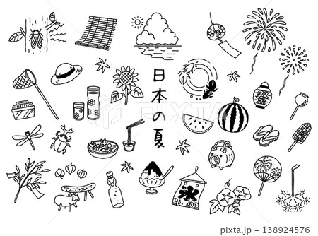 日本の夏 手描きイラストセット モノクロ 日本の夏 手描きイラストセット モノクロ 138924576