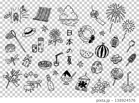 日本の夏 手描きイラストセット モノクロ 日本の夏 手描きイラストセット モノクロ 138924576