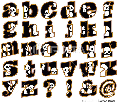かわいいパンダがアルファベットの中から顔をのぞかせる、ユニークで遊び心のある英字フォント風イラスト素 かわいいパンダがアルファベットの中から顔をのぞかせる、ユニークで遊び心のある英字フォント風イラスト素 138924686