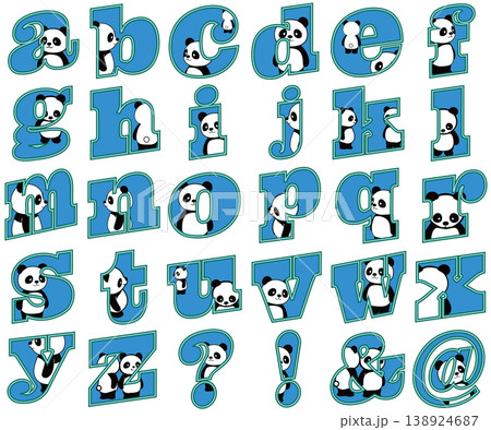 かわいいパンダがアルファベットの中から顔をのぞかせる、ユニークで遊び心のある英字フォント風イラスト素 かわいいパンダがアルファベットの中から顔をのぞかせる、ユニークで遊び心のある英字フォント風イラスト素 138924687