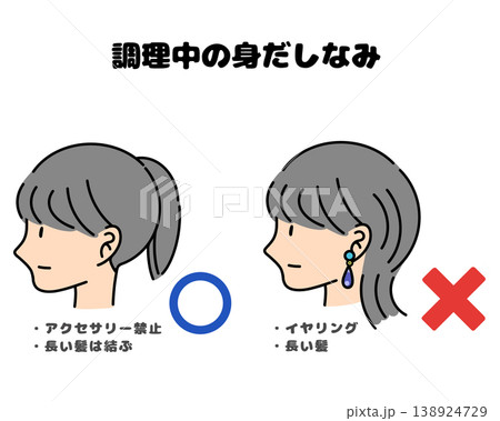 調理中の身だしなみ OK・NG例｜アクセサリー禁止・長い髪は結ぶ｜食品衛衛生・異物混入リスクイラスト 138924729