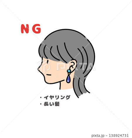 調理中の身だしなみNG例|イヤリング・長い髪は不適切|食品衛生・異物混入リスクイラスト 調理中の身だしなみNG例|イヤリング・長い髪は不適切|食品衛生・異物混入リスクイラスト 138924731