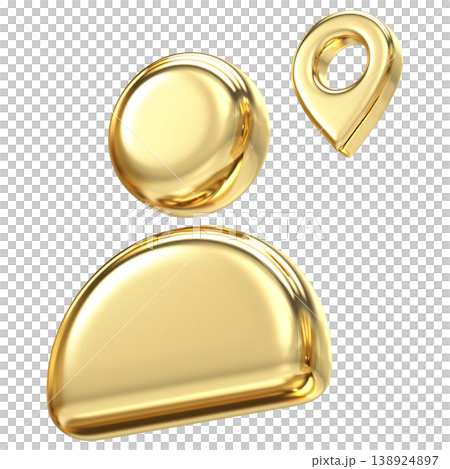 Premium golden user icon with location pin symbol for tracking and navigation, Professional metallic finish ideal for address finders and member positioning interface design 138924897