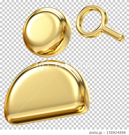 Sophisticated golden user profile icon with magnifying glass for search and discovery, metallic render suitable for finding members and directory search interfaces 138924898