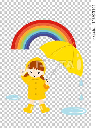 A girl in a yellow raincoat looks up at a rainbow after the rain - Hope, Positivity A girl in a yellow raincoat looks up at a rainbow after the rain - Hope, Positivity 138925191