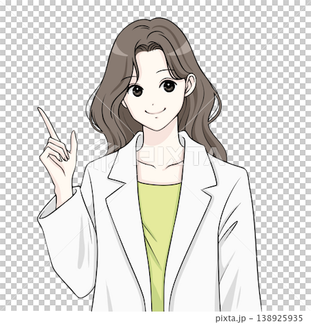 Illustration of a woman in a white coat, a doctor, a lecturer, and a woman pointing. Illustration of a woman in a white coat, a doctor, a lecturer, and a woman pointing. 138925935