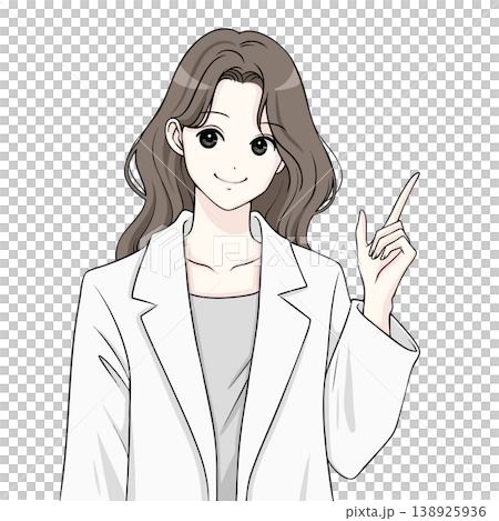 Illustration of a woman in a white coat, a doctor, a lecturer, and a woman pointing. Illustration of a woman in a white coat, a doctor, a lecturer, and a woman pointing. 138925936