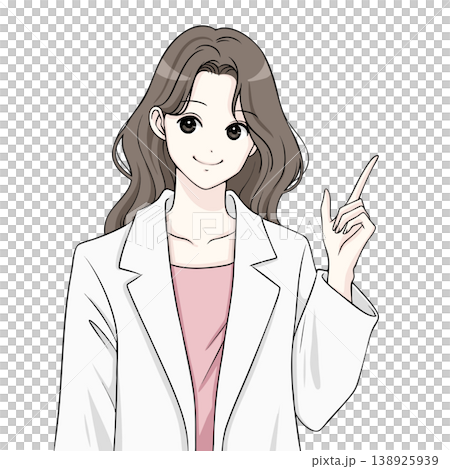 Illustration of a woman in a white coat, a doctor, a lecturer, and a woman pointing. Illustration of a woman in a white coat, a doctor, a lecturer, and a woman pointing. 138925939