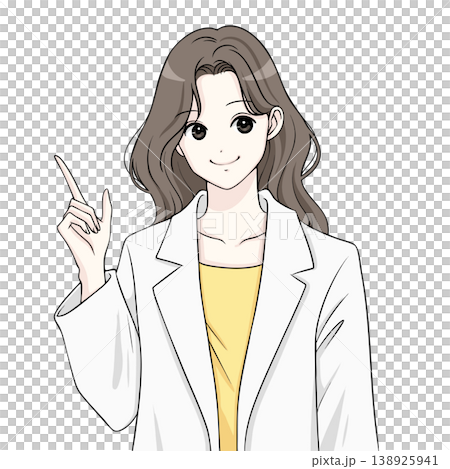 Illustration of a woman in a white coat, a doctor, a lecturer, and a woman pointing. Illustration of a woman in a white coat, a doctor, a lecturer, and a woman pointing. 138925941