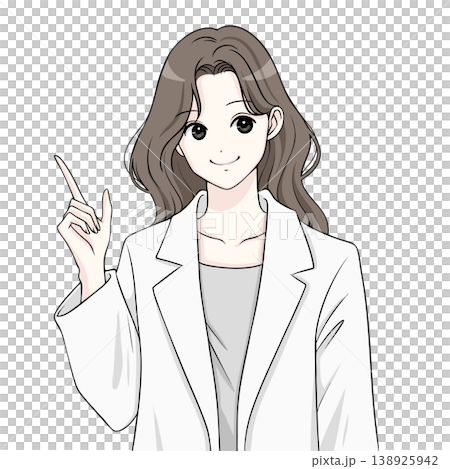 Illustration of a woman in a white coat, a doctor, a lecturer, and a woman pointing. Illustration of a woman in a white coat, a doctor, a lecturer, and a woman pointing. 138925942