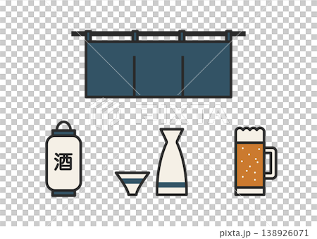 居酒屋（日式酒吧）圖示集：藍色暖簾、清酒、啤酒、簡約日式插圖。 138926071