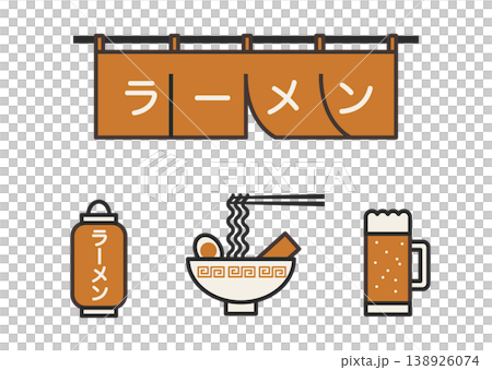 一碗拉麵、一扇暖簾(日式傳統簾幕)和一瓶啤酒。橘色.餐廳的簡單插圖。 一碗拉麵、一扇暖簾(日式傳統簾幕)和一瓶啤酒。橘色.餐廳的簡單插圖。 138926074