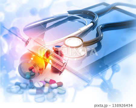 Stethoscope And Medicines on scientific background 138926434