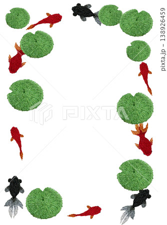 【金魚と水草の縦フレーム】手刺繍イラスト素材 138926459