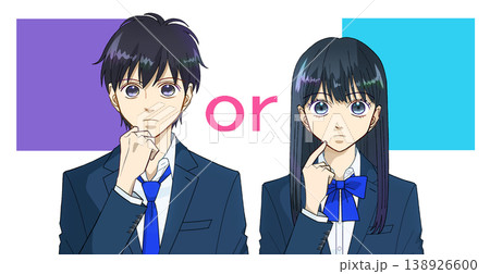 どちらにするか考えている高校生または中学生の男女のアニメ風イラスト、白バック 138926600
