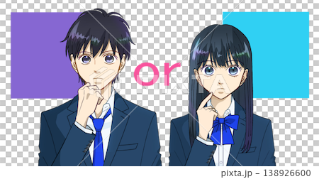 どちらにするか考えている高校生または中学生の男女のアニメ風イラスト、白バック 138926600