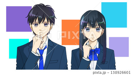 どれにするか考えている高校生または中学生の男女のアニメ風イラスト、白バック どれにするか考えている高校生または中学生の男女のアニメ風イラスト、白バック 138926601