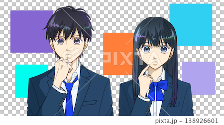 An anime-style illustration of a male or female high school student thinking about which one to choose, against a white background. 138926601