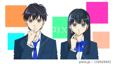 どれにするか考えている高校生または中学生の男女のアニメ風イラスト、白バック 138926602