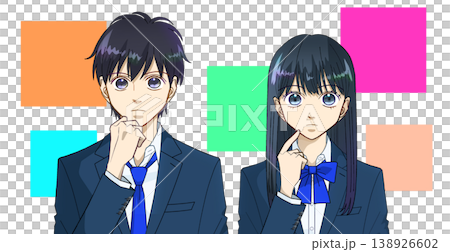 An anime-style illustration of a male or female high school student thinking about which one to choose, against a white background. An anime-style illustration of a male or female high school student thinking about which one to choose, against a white background. 138926602