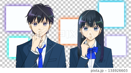 An anime-style illustration of a male or female high school student thinking about which one to choose, against a white background. An anime-style illustration of a male or female high school student thinking about which one to choose, against a white background. 138926603