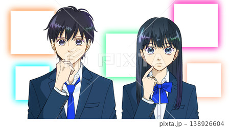 どれにするか考えている高校生または中学生の男女のアニメ風イラスト、白バック どれにするか考えている高校生または中学生の男女のアニメ風イラスト、白バック 138926604