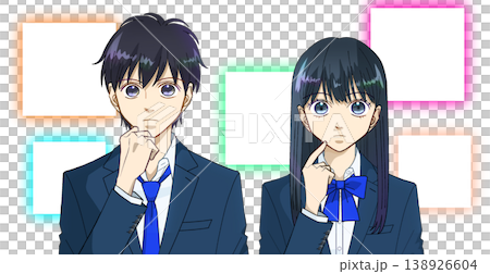 An anime-style illustration of a male or female high school student thinking about which one to choose, against a white background. An anime-style illustration of a male or female high school student thinking about which one to choose, against a white background. 138926604