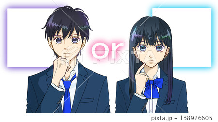 どちらにするか考えている高校生または中学生の男女のアニメ風イラスト、白バック どちらにするか考えている高校生または中学生の男女のアニメ風イラスト、白バック 138926605