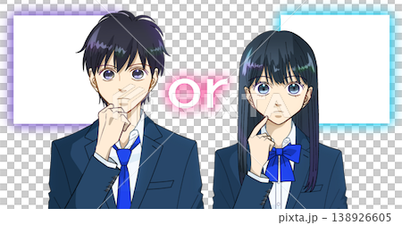 An anime-style illustration of a male or female high school or middle school student deciding which to choose, against a white background. An anime-style illustration of a male or female high school or middle school student deciding which to choose, against a white background. 138926605