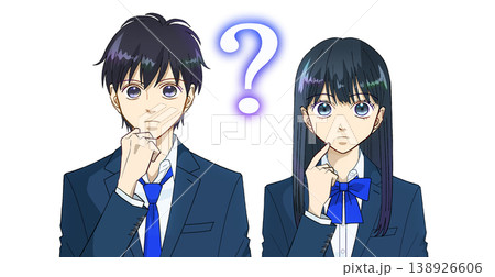 疑問を持つ、または考える高校生または中学生の男女のアニメ風イラスト、白バック 疑問を持つ、または考える高校生または中学生の男女のアニメ風イラスト、白バック 138926606