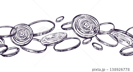 Hand drawn onion rings illustration created with ink pen. Graphic line art sketch for food design, cooking ingredient, harvest theme, restaurant menu, packaging and healthy vegetable. 138926778