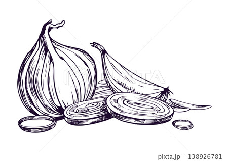 Onion bulb and sliced onion ring illustration. Hand drawn graphic ink sketch of onion vegetable. Monochrome outline artwork for food menu, kitchen recipe, organic farm market design. Onion bulb and sliced onion ring illustration. Hand drawn graphic ink sketch of onion vegetable. Monochrome outline artwork for food menu, kitchen recipe, organic farm market design. 138926781