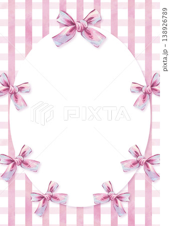 Watercolor illustration of pink bow and ribbon on checkered background. Decorative frame with copy space for design project. Cute hand drawn artistic element for greeting card invitation. 138926789