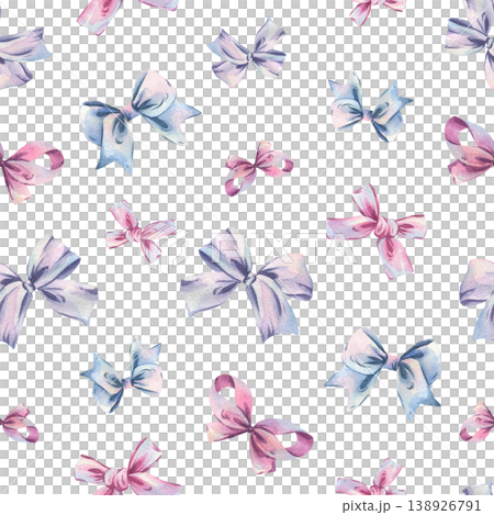 Watercolor pattern with hand drawn pink, blue, lilac pastel bows. Cute decorative silk ribbon illustration for gift wrapping paper design. Feminine style print with artistic aesthetic background 138926791