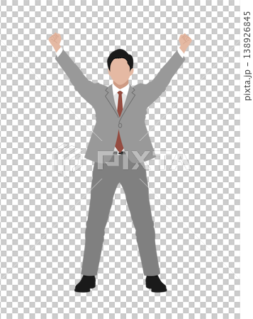 一位身著西裝的年輕商人做出勝利的手勢，高舉拳頭慶祝。白色背景上的喜悅向量圖。 138926845