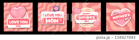 Happy Mothers Day poster set. Pink social media templates with 3D hearts and I Love You Mom lettering. Modern square layouts for mothers day holiday marketing and family greetings. 138927093