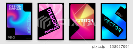 Corporate poster design template set. Black vertical covers with vibrant liquid gradient shapes, neon swirls and futuristic geometric elements. Modern vector identity for business and digital art. 138927094
