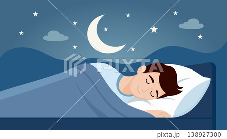 Peaceful man sleeping under moon and stars in calm night scene. rest and relaxation Peaceful man sleeping under moon and stars in calm night scene. rest and relaxation 138927300