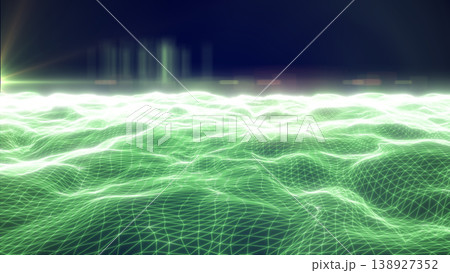 Green glowing wireframe wave landscape with polygon mesh, soft haze, and bright horizon light, abstract futuristic background Green glowing wireframe wave landscape with polygon mesh, soft haze, and bright horizon light, abstract futuristic background 138927352