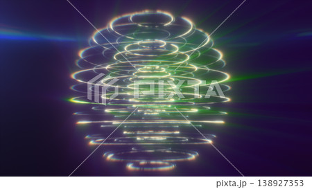 Glowing green and purple holographic sphere made of stacked light rings and beams, futuristic abstract sci-fi background Glowing green and purple holographic sphere made of stacked light rings and beams, futuristic abstract sci-fi background 138927353
