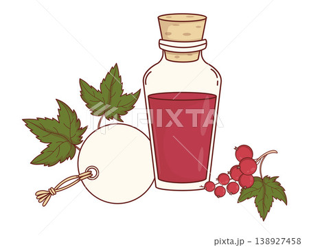 Red Currant Berry Syrup In Glass Bottle With Cork. Round White Blank Gift Tag With Rope. Organic Extract And Fresh Leaves. Summer Harvest. Natural Apothecary. Vector Illustration. 138927458