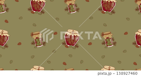 Pine Cone Jam Seamless Pattern. Homemade Rustic Glass Of Ruby Red Mugolio And Golden Syrup Jars with Baby Cones And Branches on Olive Green Background. Horizontal Vector Illustration. Pine Cone Jam Seamless Pattern. Homemade Rustic Glass Of Ruby Red Mugolio And Golden Syrup Jars with Baby Cones And Branches on Olive Green Background. Horizontal Vector Illustration. 138927460
