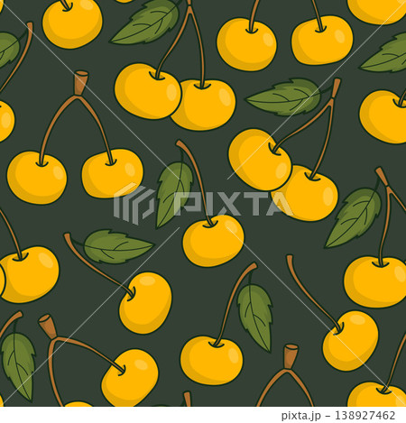 Seamless Pattern with Yellow Sweet Cherries and Rainier Cherry. Golden Berries on Dark Green Emerald Background. Premium Fruit Branding. Vector Illustration. Seamless Pattern with Yellow Sweet Cherries and Rainier Cherry. Golden Berries on Dark Green Emerald Background. Premium Fruit Branding. Vector Illustration. 138927462