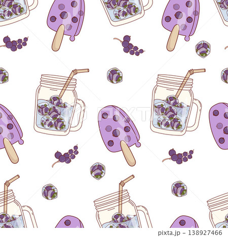 Blackcurrant Summer Dessert Seamless Pattern. Refreshing Mason Jars Drink, Berry Ice Cubes and Fruit Popsicles on Stick on White Background. Cold Berries Treats Wrapping Paper. Vector Illustration Blackcurrant Summer Dessert Seamless Pattern. Refreshing Mason Jars Drink, Berry Ice Cubes and Fruit Popsicles on Stick on White Background. Cold Berries Treats Wrapping Paper. Vector Illustration 138927466