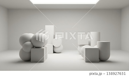 Minimalist Studio Interior with White Geometric Display Minimalist Studio Interior with White Geometric Display 138927631