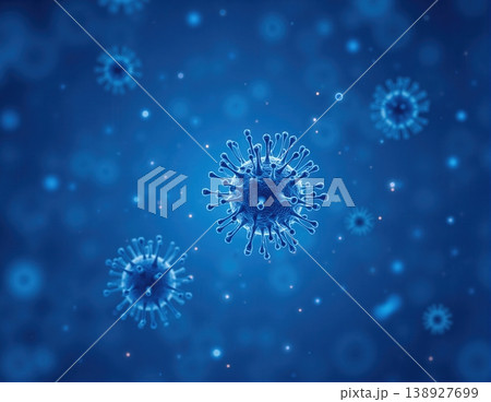 Microscopic group of blue virus cells floating Microscopic group of blue virus cells floating 138927699
