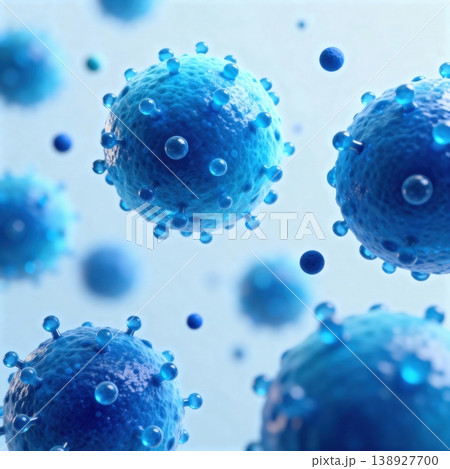 Spherical blue virus cells with translucent spikes 138927700