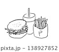 シンプルなモノクロのハンバーガーとフライドポテトとジュースのイラスト 138927852